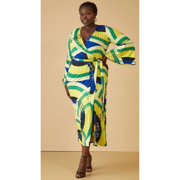 Ashley Stewart | Surf The Web Faux Wrap Maxi Dress 34/36 Graphic Print Belted - Picture 1 of 12